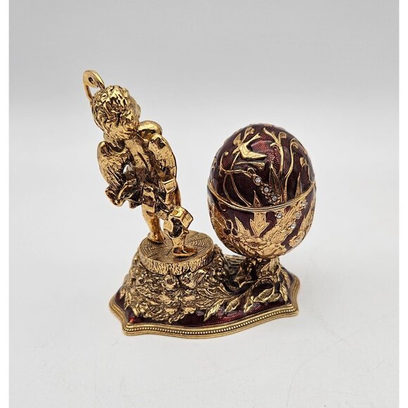 Edgar Berebi Gold Cherub Figurine Egg Trinket Box w/Comedy Tragedy Mask Pendant - Picture 3 of 12